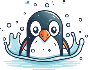 Cute penguin in water. Vector illustration. Cartoon style.
