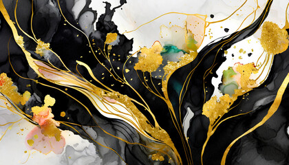 Abstract marbled ink liquid fluid watercolor painting texture banner illustration - Black petals, blossom flower flowers swirls gold painted lines, isolated on white background