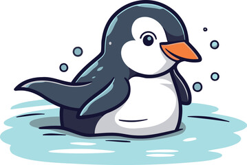 Cute cartoon penguin swimming in the water. Vector illustration.