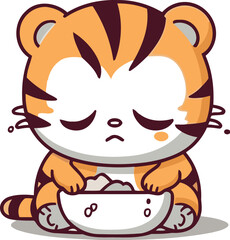 Tired tiger with bowl of food character cartoon vector illustration design.