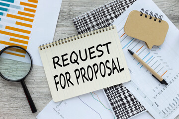 Business Acronym RFP - Request for Proposal. financial charts. paper with text on a notepad