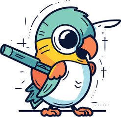 Cute little bird with a baseball bat. Vector illustration in cartoon style.