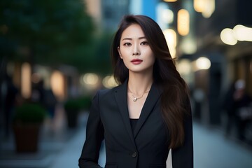 Fototapeta premium An elegant asian businesswoman with modern fashion. her serenity and sophistication on full display amidst the urban environment. generative AI