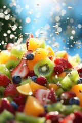 Sliced cut fruits falling into bowl of fruit salad