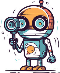 Cute robot with binoculars. Hand drawn vector illustration.