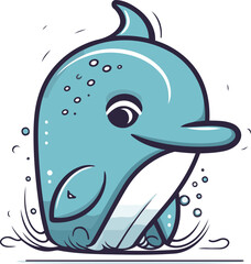 Vector illustration of a cute cartoon dolphin in water. Isolated on white background.