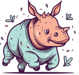 Cute cartoon rhinoceros. Vector illustration isolated on white background.