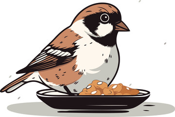 Sparrow eating from a bowl of cereal. Vector illustration.