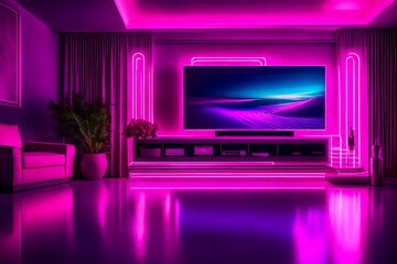 Interior design with TV, Sofa and Table, beautiful pink neon light abstract background, with flower vase in living room. 