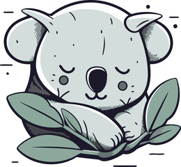 Cute koala cartoon vector illustration. Hand drawn cute koala with leaves.