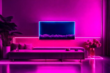 Interior design with TV, Sofa and Table, beautiful pink neon light abstract background, with flower vase in living room. 