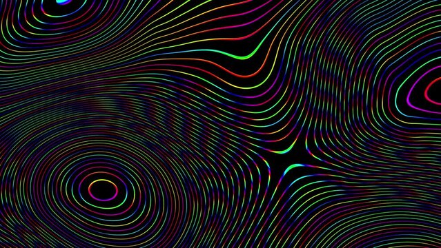 Seamless abstract psychedelic wavy background for loop playback. 4k video. Animated iridescent thin lines on black background