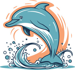 Dolphin jumping out of water. Vector illustration in cartoon style.