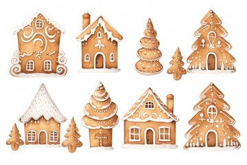 Fototapeta premium Watercolor Gingerbread Decorations on White Background
