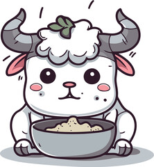 Cute cartoon bull with bowl of cereals. Vector illustration.