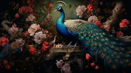 Fototapeta premium Peacock pearch amoung colorful flowers