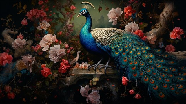Peacock pearch amoung colorful flowers