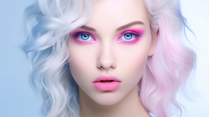 Portrait of beautiful young woman with bright pink makeup. Beautiful blonde with bright pink lipstick on her lips. Pretty girl with vivid hair. Blonde with brightly colored hair. Bright eye makeup.