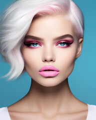 Portrait of beautiful young woman with bright pink makeup. Beautiful blonde with bright pink lipstick on her lips. Pretty girl with vivid hair. Blonde with brightly colored hair. Bright eye makeup.