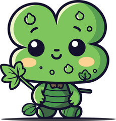 Cute green frog with clover leaf cartoon character vector illustration.