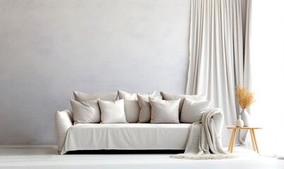Fototapeta na wymiar White living room, modern interior design, comfortable sofa, neutral cushions, white walls