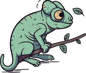 Fototapeta premium Cute chameleon sitting on a tree branch. Vector illustration.