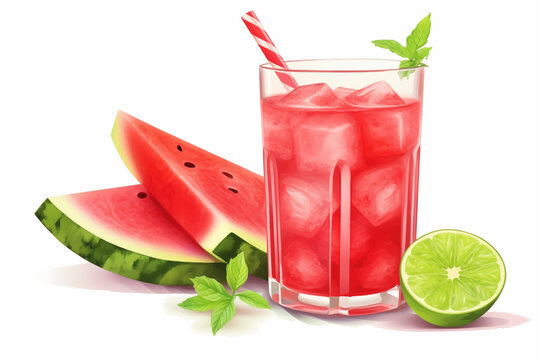 A refreshing glass of watermelon and lime cooler, filled to the brim with vibrant red watermelon chunks, glistening ice cubes, and a zesty lime wedge. The drink exudes summer vibes