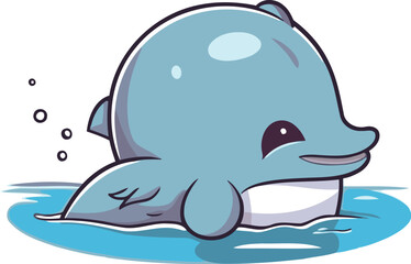 Naklejka premium Cute cartoon dolphin in water. Vector illustration isolated on white background.
