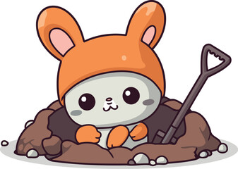 Cute little fox with shovel in the hole. Vector illustration.