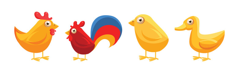 Farm Animals with Hen, Cockerel, Duckling, and Chick Vector Set