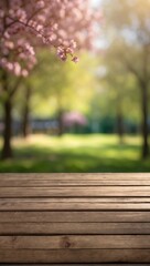 Naklejka na ściany i meble photo of an empty wooden table with a blurred spring background