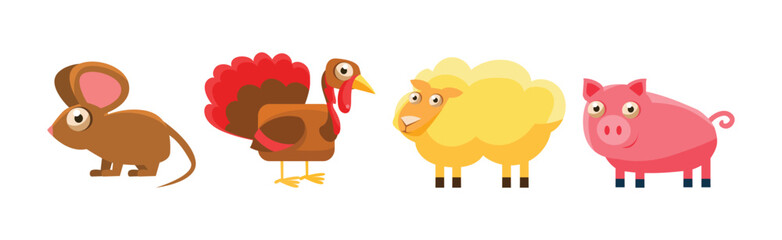 Farm Animals with Mouse, Turkey, Sheep and Pig Vector Set