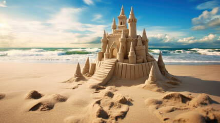 Holiday concept with sandcastle on the seaside - obrazy, fototapety, plakaty