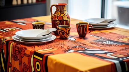the table is covered with a tablecloth with an African pattern - obrazy, fototapety, plakaty