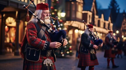 musicians in Scottish clothing perform Christmas carols on bagpipes in the square