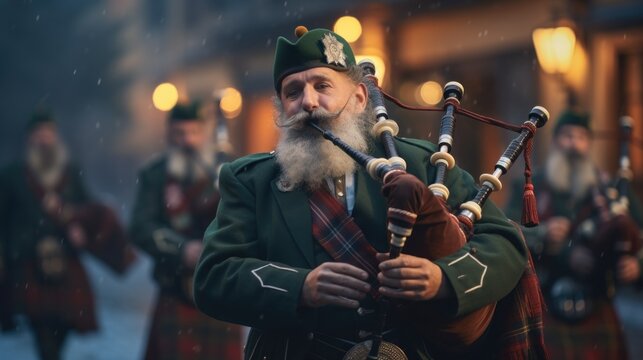 Fototapeta musicians in Scottish clothing perform Christmas carols on bagpipes in the square