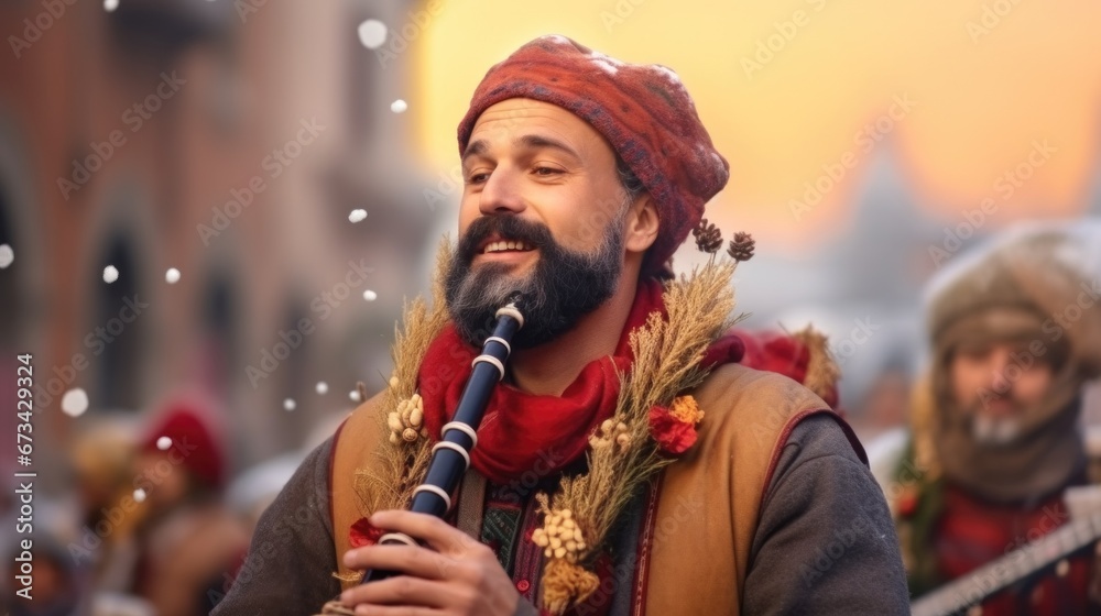 Wall mural musicians perform Christmas carols in the square