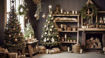 Fototapeta na wymiar room decorated for christmas in rustic style