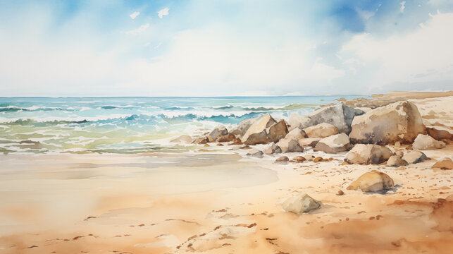 Tranquil Beach Horizon Watercolor Painting