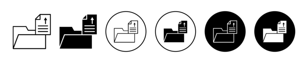 Upload file Icon set. Upload document vector symbol in black filled and outlined style.
