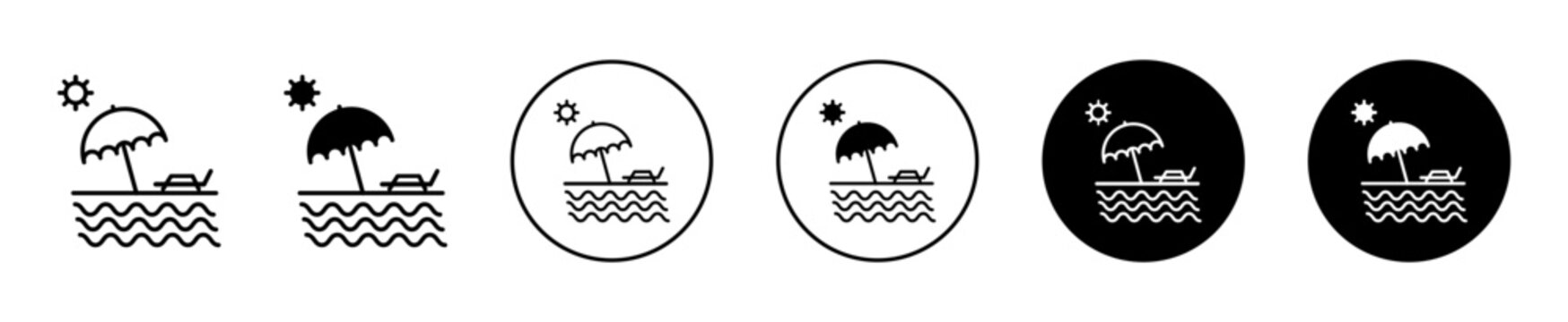 Beach icon set. sea beach with umbrella vector symbol in black filled and outlined style.
