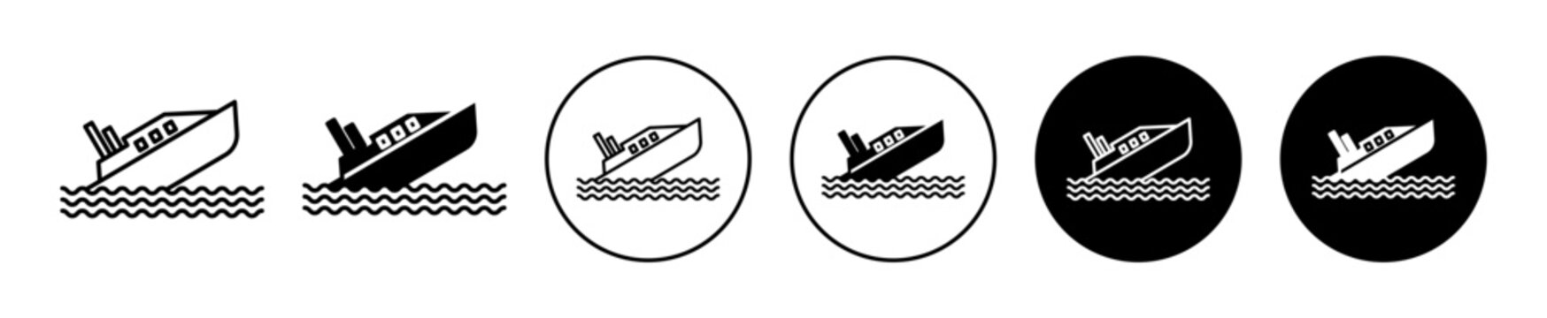 Sinking titanic icon set. cargo ship accident vector symbol. shipping boat disaster sign in black filled and outlined style.
