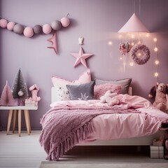 room decorated for Christmas in various shades of pink