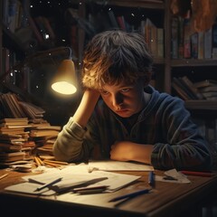schoolboy or teenager reading a book, doing homework