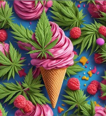 Cannabis bud ice cream cone icecream spiral cone cannabis flower sprinkles colors intricate - obrazy, fototapety, plakaty