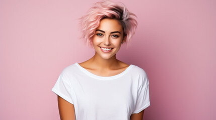 Pretty confident young girl with pink hair on pink background