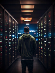 Hacker is in the server room to steal the hidden datas.