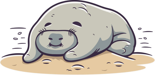 Vector illustration of a seal sleeping on the sand. Cartoon style.