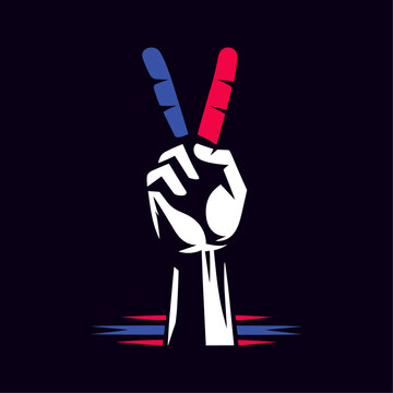 A hand sign depicting peace and victory in the colors of the American flag