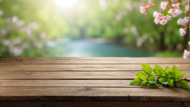 photo of an empty wooden table with a blurred spring background